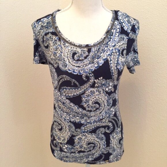 NWT Tommy Hilfiger SS Navy Paisley Top/Blouse - Picture 1 of 5